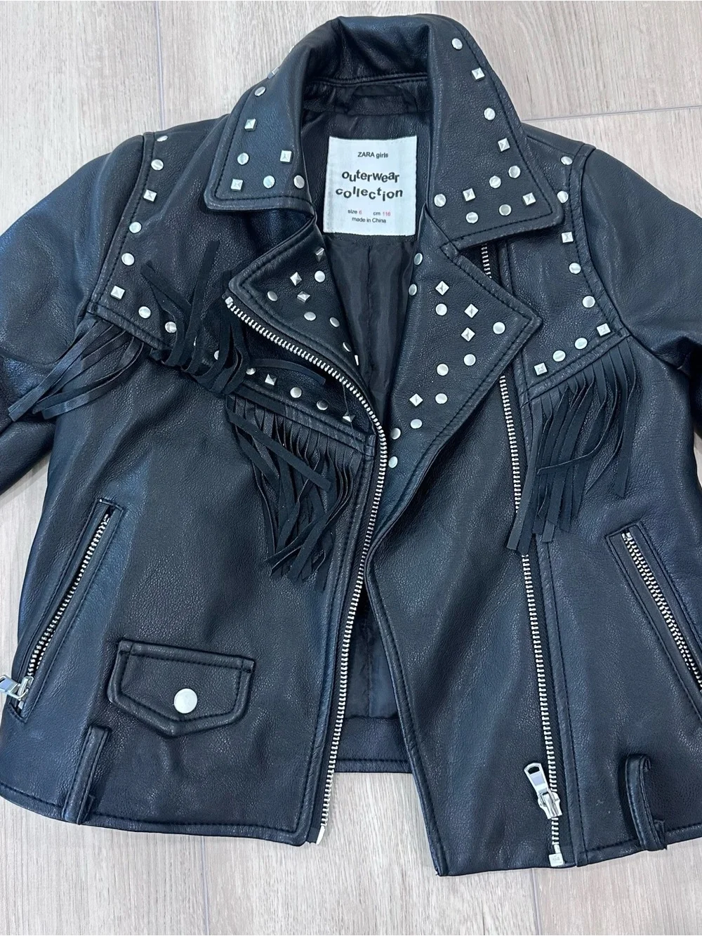 Zara outwear moto biker faux leather studded fringe jacket girls size 6 black